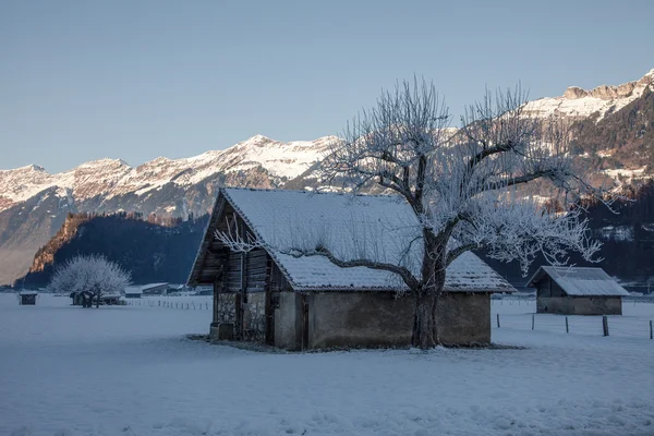 Небольшая деревня и удивительное горное пейзаж вблизи Интерлакена, Швейцария Лицензионные Стоковые Фото