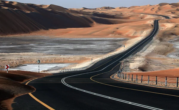 Estrada sinuosa e majestosas dunas de areia em Liwa oásis, Emirados Árabes Unidos — Fotografia de Stock