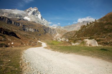 The Italian side of the Matterhorn (Cervino in Italian) viewed from the city of Breuil-Cervinia, Aosta region, Italy