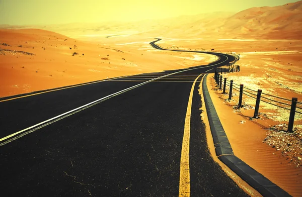 Kum tepeleri Liwa Oasis, Birleşik Arap Emirlikleri üzerinden dolambaçlı siyah asfalt yol — Stok fotoğraf