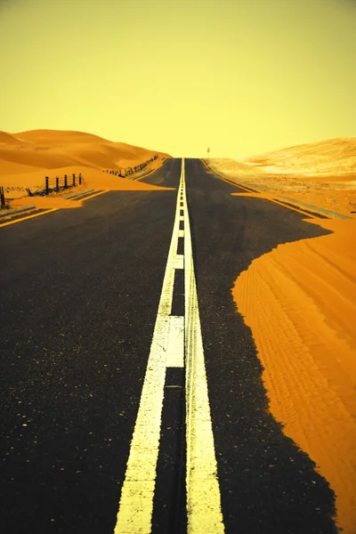 Route asphaltée noire sinueuse à travers les dunes de sable de l'oasis de Liwa, Émirats arabes unis — Photo