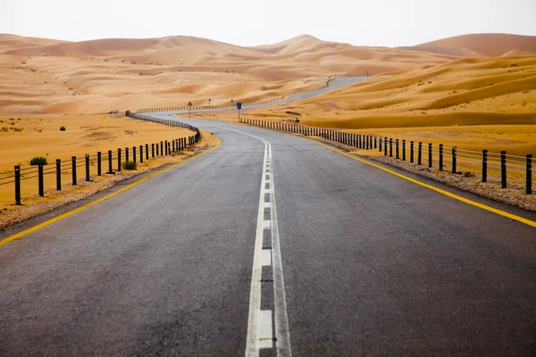 Winding black asphalt road through the sand dunes of Liwa oasis, United Arab Emirates — Stock Photo, Image