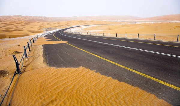 리와 오아시스, 아랍 에미리트 연합국의 모래 언덕을 통해 검은 아스팔트도로 와인딩 — 스톡 사진