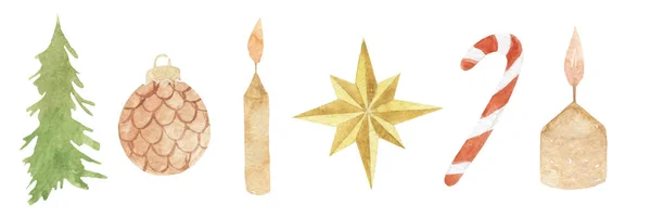 Bir dizi suluboya Noel elementi. Noel ağacı, ağaç oyuncağı, yanan mumlar, yıldız, şeker kamışı. Gelenekler, tatiller. Tasarımın, posterin, koleksiyon kitabın için..