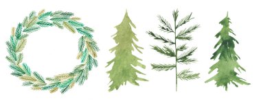 Bir dizi suluboya Noel eşyası. Ladin dalları, ağaçlar, Noel ağaçları. Tatil, kış, yeni yıl.