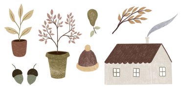 Sonbahar elementlerinden bir set. Kalem çizimi. İskandinav tarzı. Ev, saksıda bitkiler, meşe palamudu, armut, dal, örgü şapka..