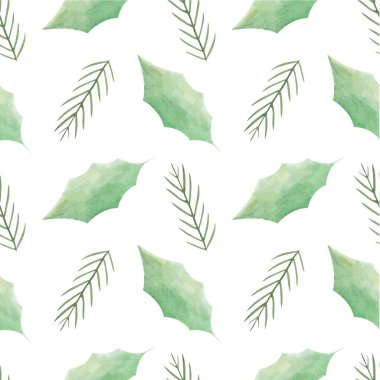Suluboya rovan yaprakları ve Noel ağacının dallarıyla kusursuz bir desen. Festival tasarımı için. Noel, yeni yıl, doğa.