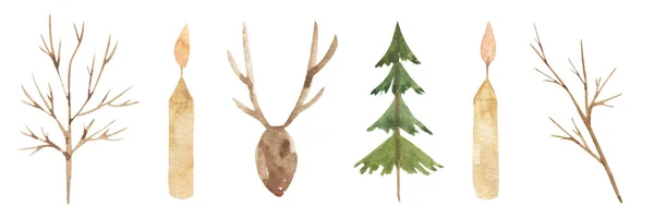 Nastavte Jim Akvarel Vánoční Prvky Hořící Svíčky Strom Větvička Bez — Stock fotografie