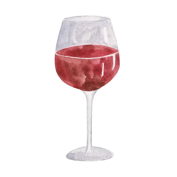 Beyaz arka planda bir bardak kırmızı şarabın suluboya çizimi. Alkolik içki..