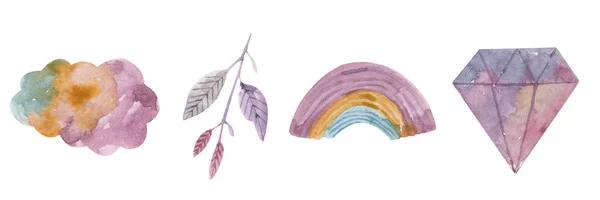 Verzameling Van Schattige Pastelelementen Wolk Twijg Regenboog Kristal Vakantie Verjaardag — Stockfoto