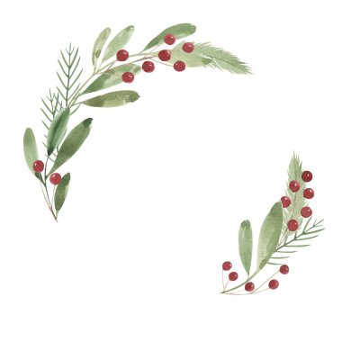 Beyaz arka planda suluboya Noel çelengi. Metnin için yer.
