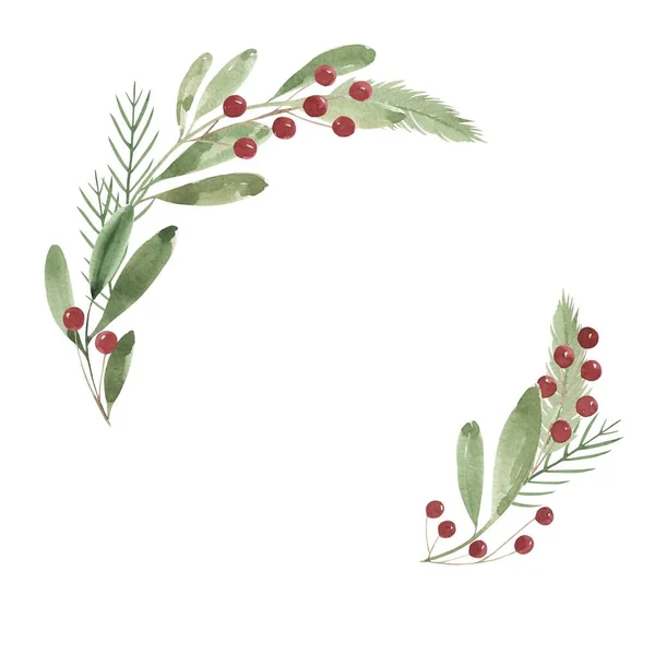 Beyaz arka planda suluboya Noel çelengi. Metnin için yer.