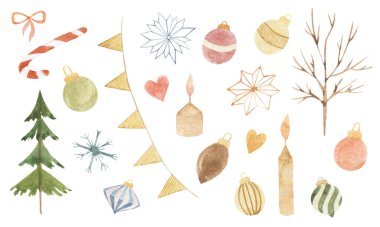 Büyük bir suluboya Noel elementleri koleksiyonu. Noel ağacı, kar tanesi, yıldızlar, şeker kamışı, ladin için oyuncaklar, yapraksız ağaç, mumlar, kalp, yay, çelenk. Tatil tasarımı, hatıra defteri, kartpostallar için..