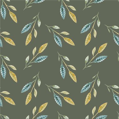 Yeşil arka planda suluboya pastel dalları olan kusursuz bir desen. Yazdırma, ambalaj, kapak, test, duvar kağıdı için.