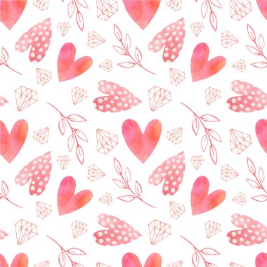 Sevgililer Günü için kusursuz suluboya deseni. Şenlikli romantik bir geçmişi var. Kalpler, pembe tonlar.