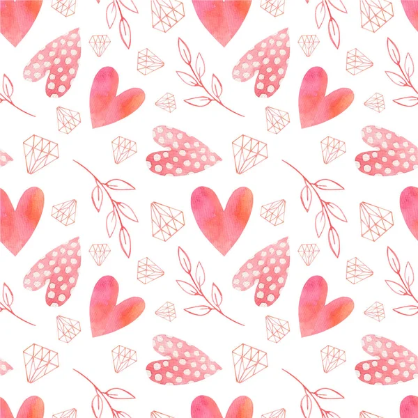 Seamless Watercolor Pattern Valentine Day Festive Romantic Background Hearts Pink — Stock Photo, Image