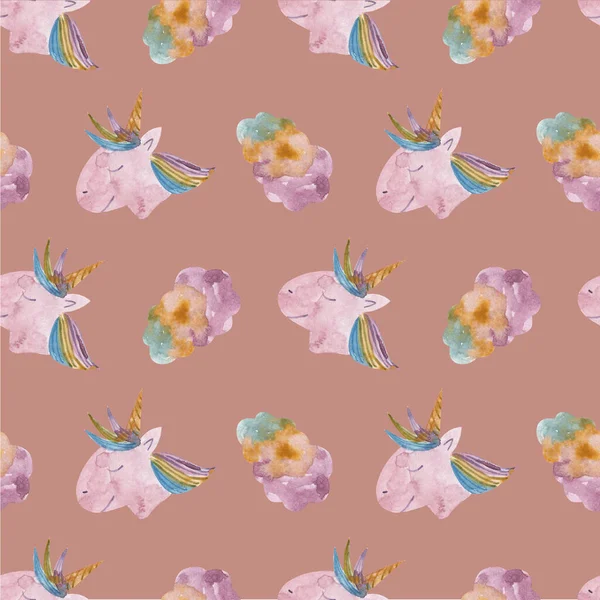 Nahtloses Muster Mit Aquarellfarbenen Einhörnern Und Bunten Wolken Auf Rosa — Stockfoto