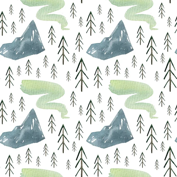 Seamless pattern with watercolor nature elements. Blue mountain, green northern lights, fir trees. Forest landscape, doodle style.