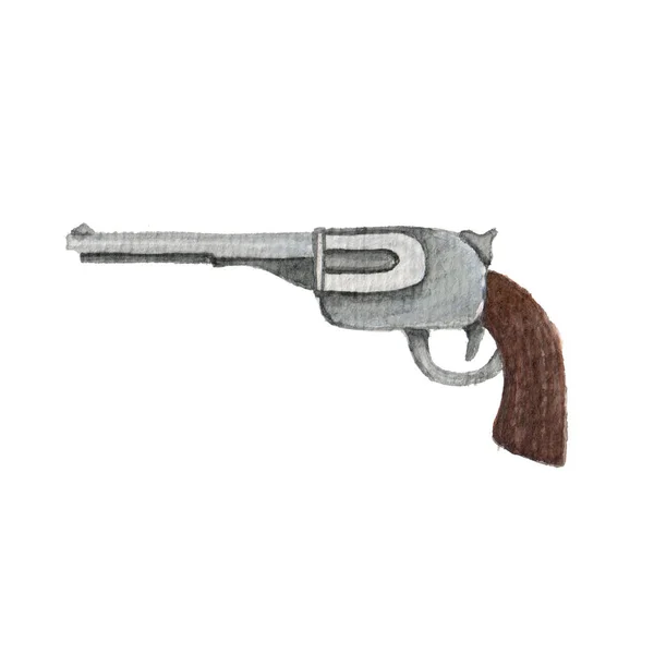 Ručně Kreslení Akvarel Revolver Izolované Bílém Pozadí Zbraň Západní Film — Stock fotografie