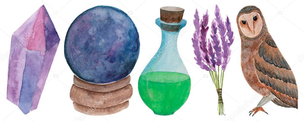 Witchcraft watercolor clipart. Isolated over white background. Ocultism. Crystal, fortune telling ball, potion in a bottle, lavender, owl.