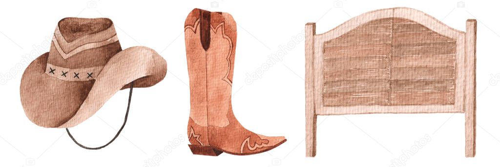 Set of watercolor western elements isolated on white background. Cowboy hat, boot, wicket. Rodeo. Wild West.