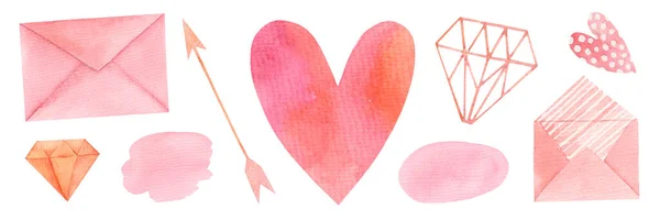 手描き水彩セットバレンタインデー メールエンベロープ ハート キューピッドの矢印 クリスタル 抽象的な水彩ピンクのスポット テキストの場所 — ストック写真