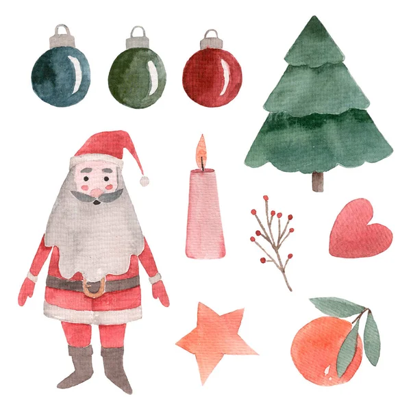 Hand Drawn Watercolor Christmas Set Christmas Tree Toys Spruce Santa — Stock Photo, Image