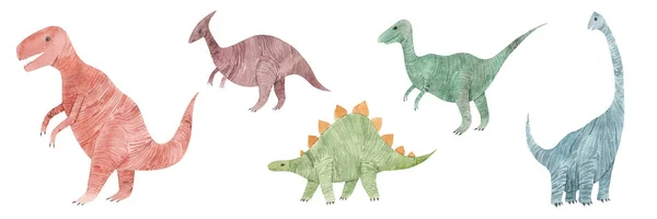 Seth Hand Drawn Watercolor Cute Dinosaurs Isolated White Background Kids — Stock Photo, Image