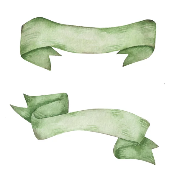Ställ Handritade Akvarell Två Gröna Band För Text Isolerad Vit — Stockfoto