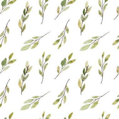 Yeşil yapraklı suluboya dallarıyla kusursuz desen. Yaz, bahar.