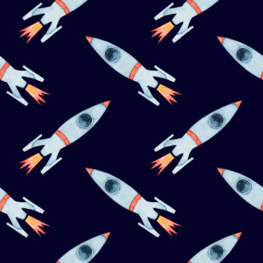Lacivert arka planda roketleri olan kusursuz suluboya deseni. Erkekler için yer var. Çocuk tasarımı.