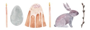 Paskalya tatili için suluboya unsurlar. Kilise mumları, tavşan, kek, yumurta, söğüt dalı. Bahar. Din. Beyaz arkaplan üzerinde izole edilmiş.