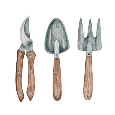 Beyaz arka planda izole edilmiş bahçe işleri için suluboya araçları seti. Metal budama makası, kürek, tahta saplı tırmık. Bahçe ögeleri.