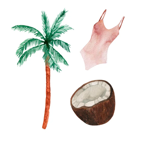 Zestaw Akwarelowych Elementów Plaży Izolowanych Białym Tle Palma Różowy Strój — Zdjęcie stockowe