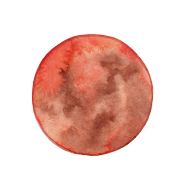 Suluboya el Mars gezegenini çiziyor. Soyut kırmızı nokta. Cennetlik vücut.