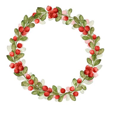 Watercolor wreath of lingonberry twigs isolated on white background. Red forest berries. Berry frame. Scandinavian style. For invitations, cards, albums, scrapbooking.