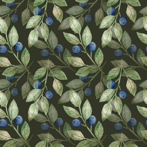 Seamless watercolor pattern with blueberry sprigs. Berry background. Berries. Digital paper. Scandinavian style.