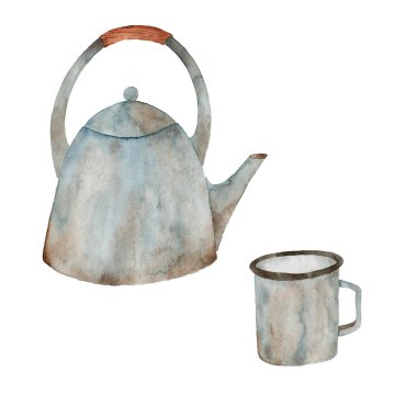 Suluboya el, beyaz arka planda izole edilmiş metal çaydanlık ve bardak çiziyor. Mutfak aletleri tutuluyor.