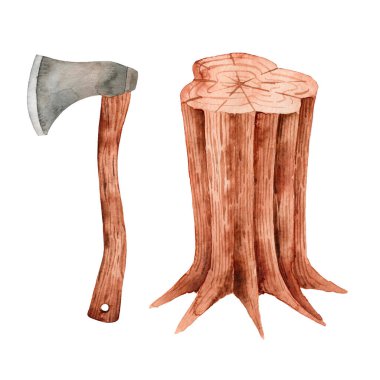 El çizimi suluboya ağaç kütüğü ve beyaz arka planda izole edilmiş balta. Doğaya uyum. Kamp yapmak. Açık hava eğlencesi.