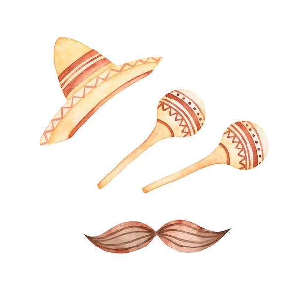 Mexikos Akvarell Cinco Mayo Festivalen Sombrero Maracas Mustasch Isolerad Vit — Stockfoto