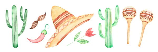 Conjunto Ilustraciones Acuarela Del Cinco Mayo Clipart México Vacaciones Mexicanas — Foto de Stock