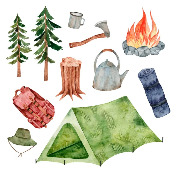 Set Von Aquarellierten Handzeichnungen Camping Vereinzelt Auf Weißem Hintergrund Weihnachtsbäume — Stockfoto