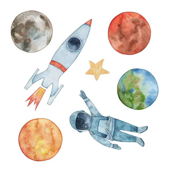 Bir dizi suluboya el çizimleri. Beyaz arka planda izole edilmiş. Dünya gezegeni, Mars, güneş, ay. Roket, astronot, yıldız. Galaksi.