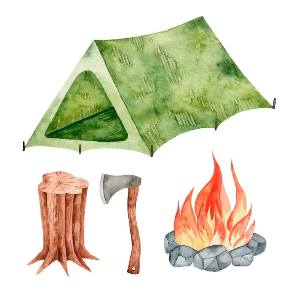 Uppsättning Akvarell Handritningar Camping Isolerad Vit Bakgrund Samling Illustrationer Tält — Stockfoto