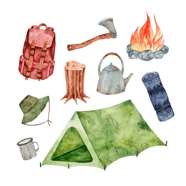 Gran Juego Acuarelas Ilustraciones Camping Colección Dibujos Mano Recreación Aire — Foto de Stock