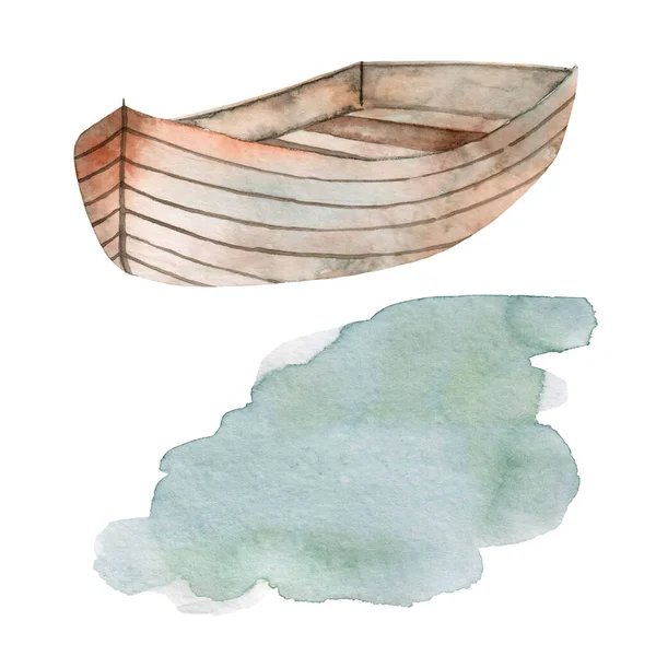 Aquarell Illustration Boot Und See Isoliert Auf Weißem Hintergrund Ein Stockbild