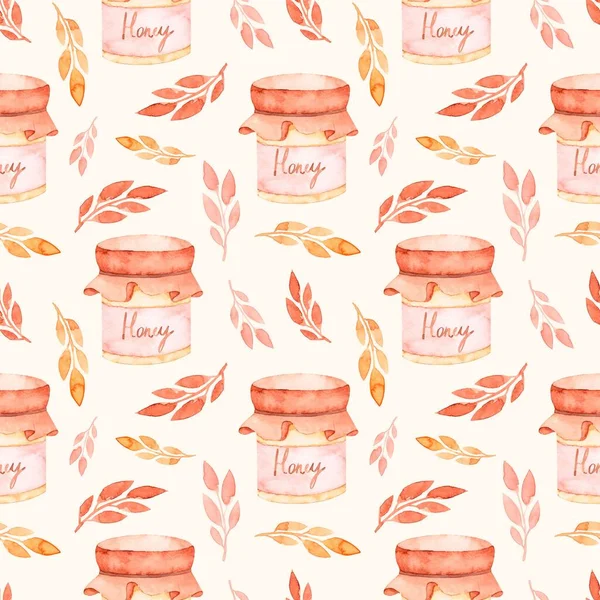 Seamless Watercolor Pattern Honey Jars Twigs Leaves — Stock Fotó