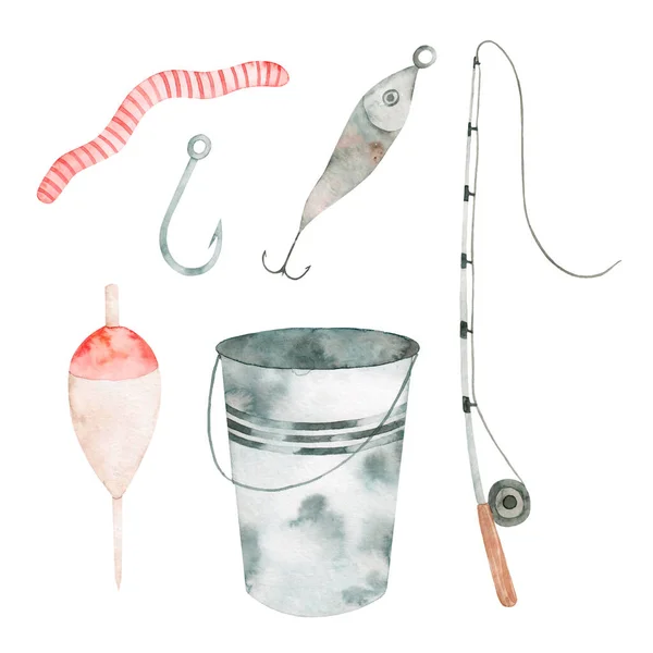 Conjunto Elementos Aquarela Para Pesca Mão Desenhada Isolada Sobre Fundo — Fotografia de Stock