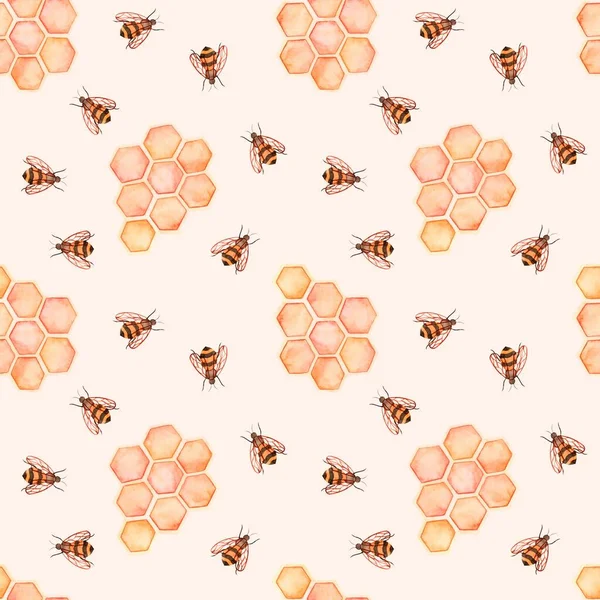 Seamless Watercolor Pattern Honeycombs Bees — Stock Photo, Image