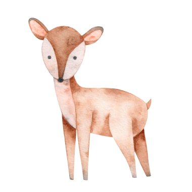 Beyaz arka planda izole edilmiş suluboya çizim geyiği. Şirin orman hayvanı. Elle çizilmiş geyik. Çocuk tasarımı için. Orman.